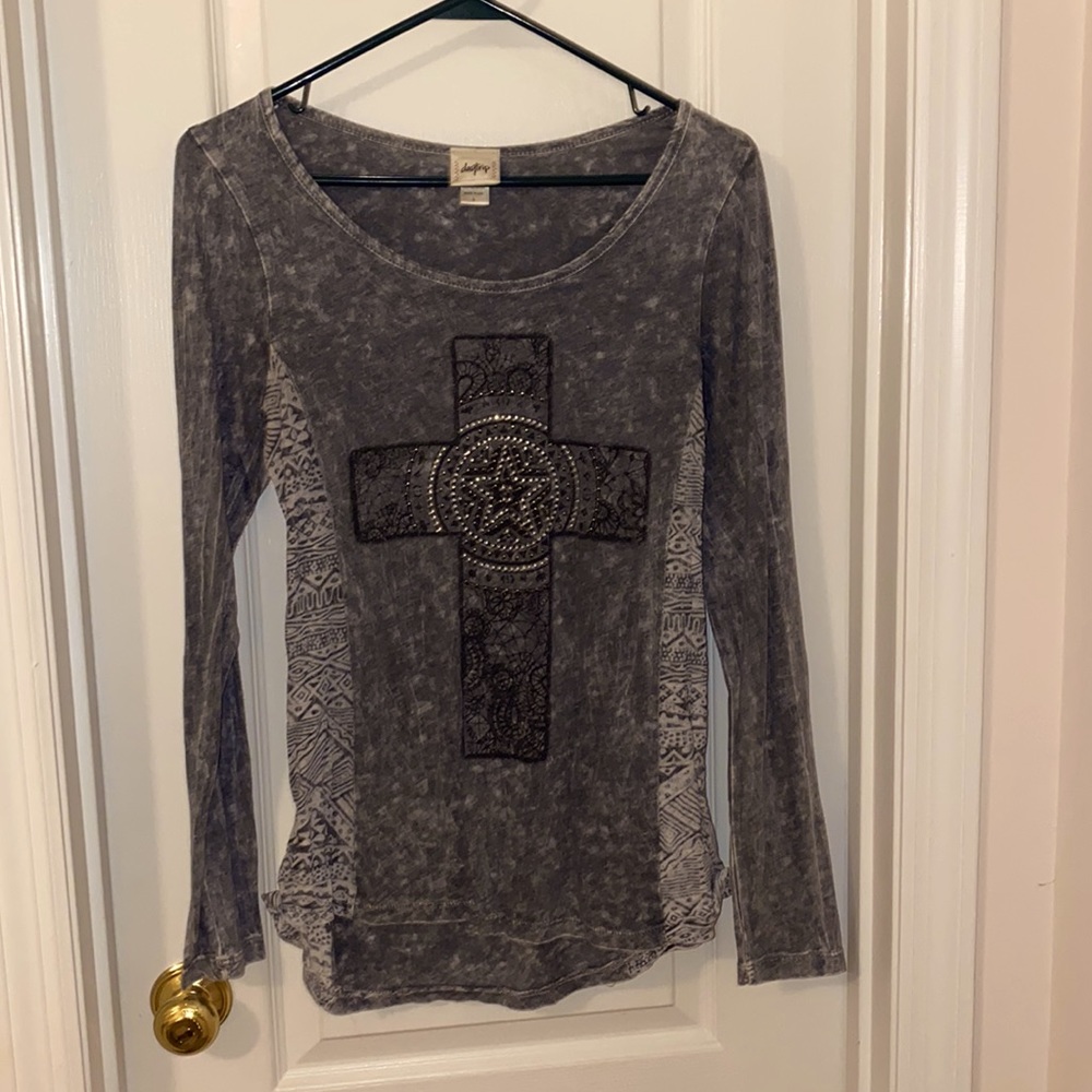 Daytrip Buckles Long Sleeve Cross Tee Sz Sm Grey